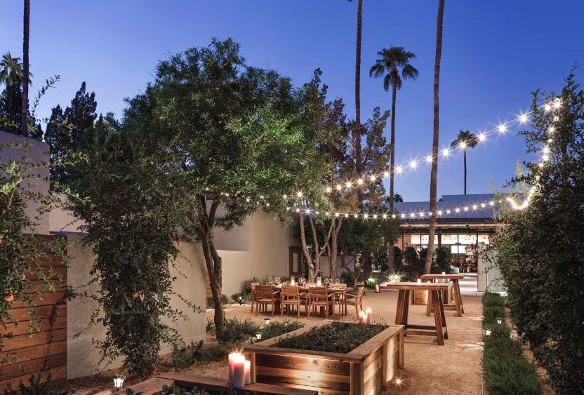 Evening patio dining under string lights